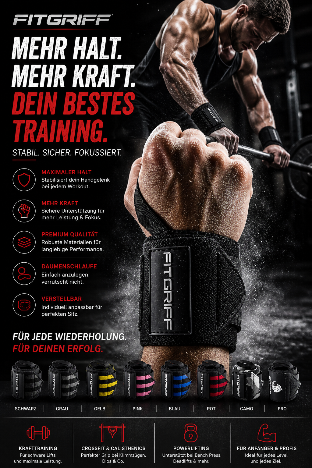 Fitgriff Handgelenkbandagen fuer Kraftsport Bodybuilding und Crossfit Handgelenkschutz