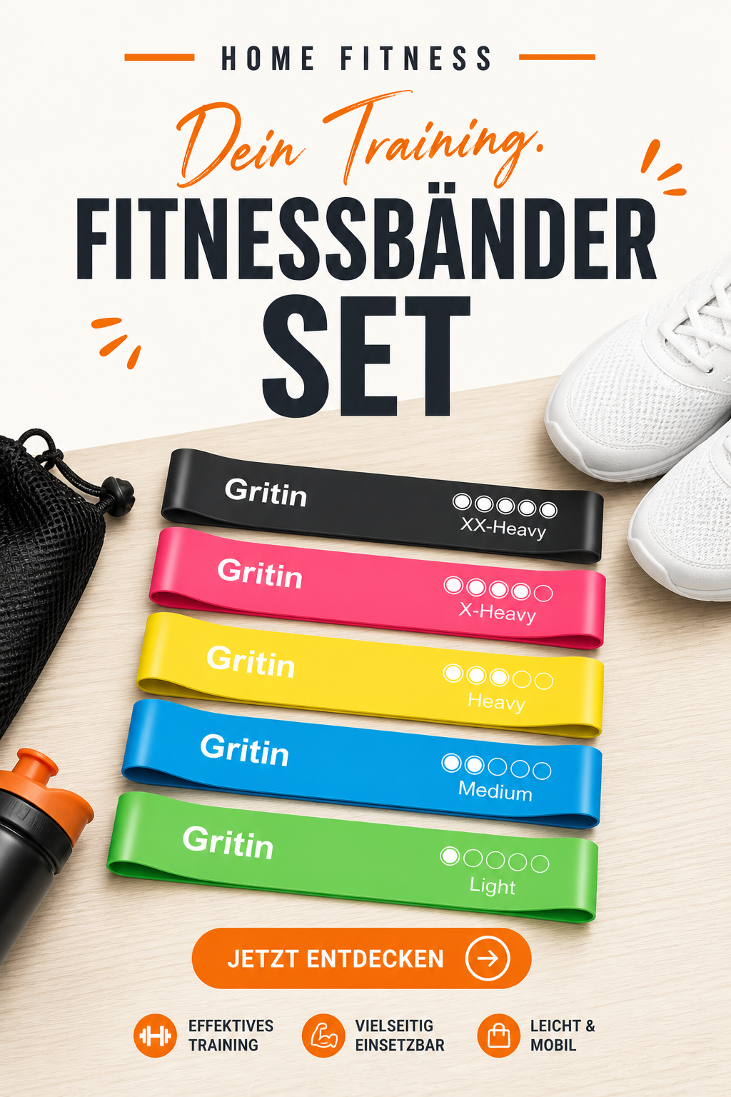 Gritin Fitnessbaender Set fuenf Staerken fuer Home Workout Krafttraining und Stretching