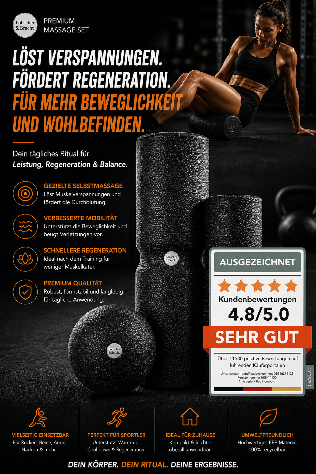 Liebscher und Bracht Faszienrollen Set mit grosser Rolle kleiner Rolle und Kugel fuer Recovery