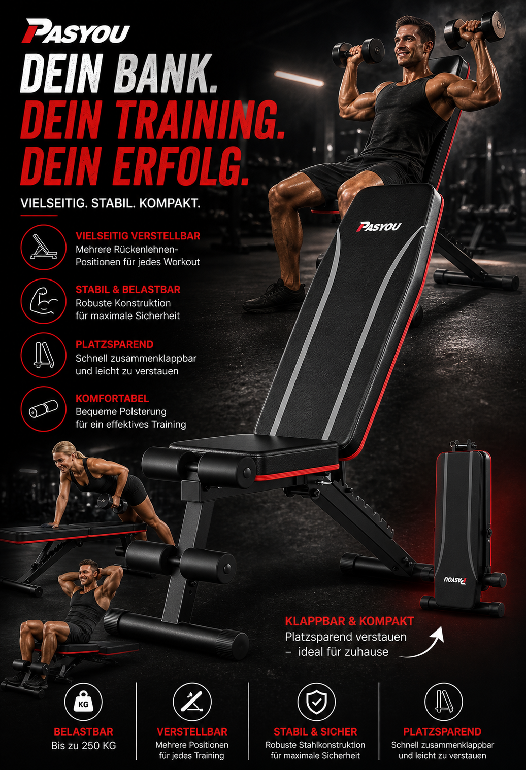PASYOU klappbare Hantelbank verstellbar fuer Ganzkoerper Home Gym Training bis 300kg