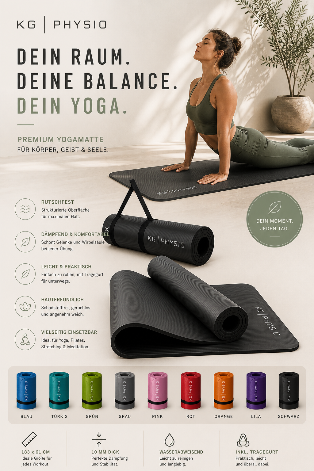 Premium Yogamatte rutschfest 6mm dick mit Schultertragegurt fuer Yoga Pilates Home Workout