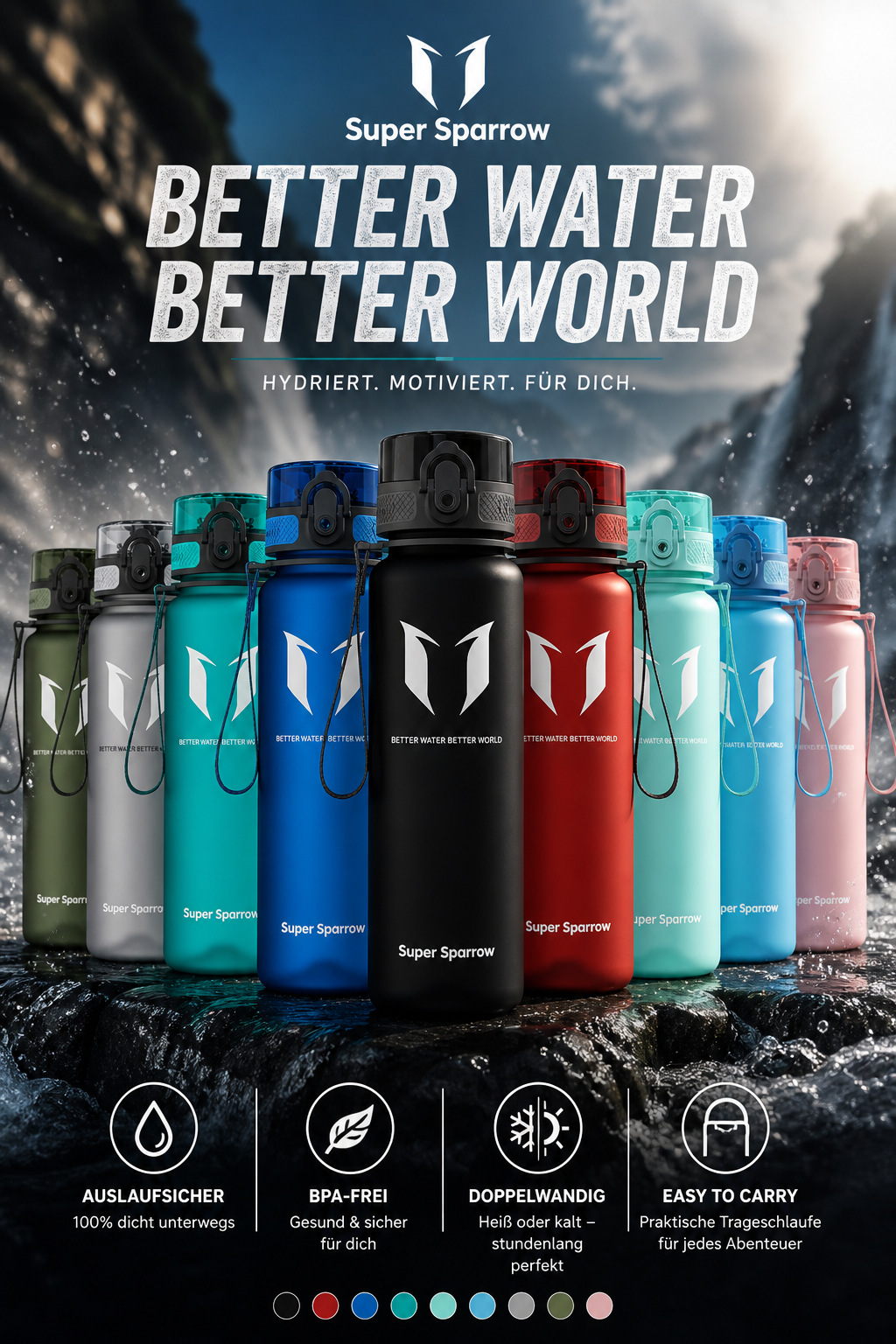 Trinkflasche 1 Liter mit Zeitmarkierung BPA frei motivierende Sprueche fuer mehr Wasser trinken